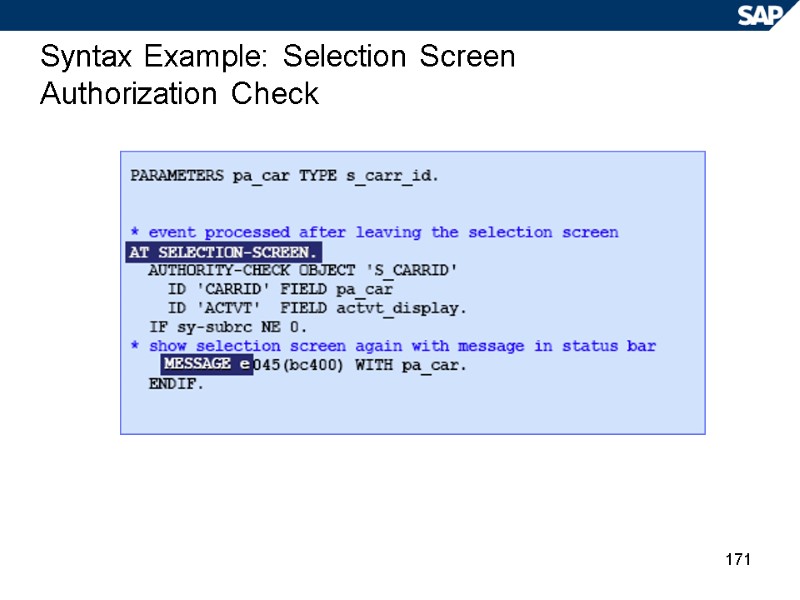 171 Syntax Example: Selection Screen Authorization Check